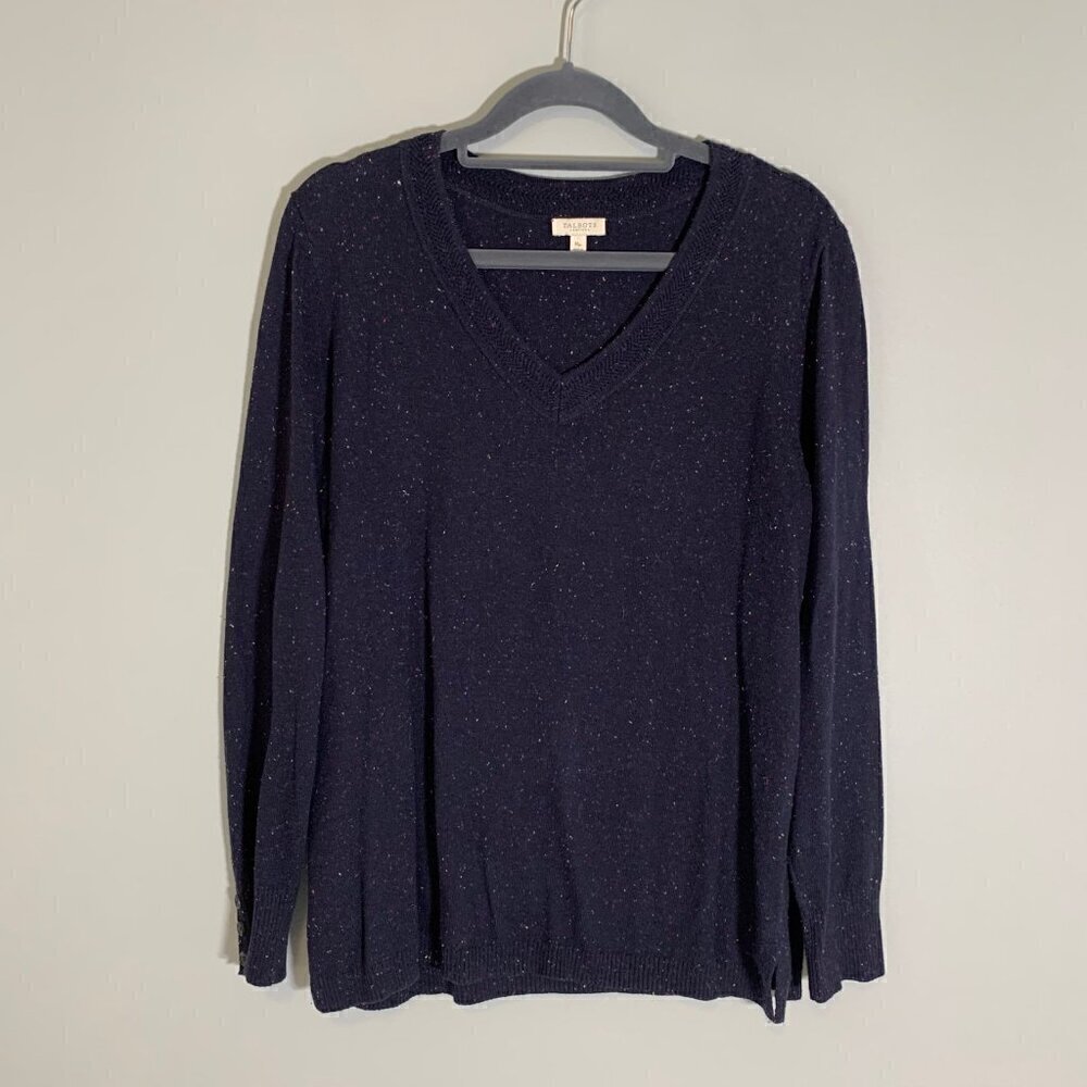 Talbots Petite Navy Blue Donegal‎ Confetti V-Neck Sweater Button Cuff Med Petite